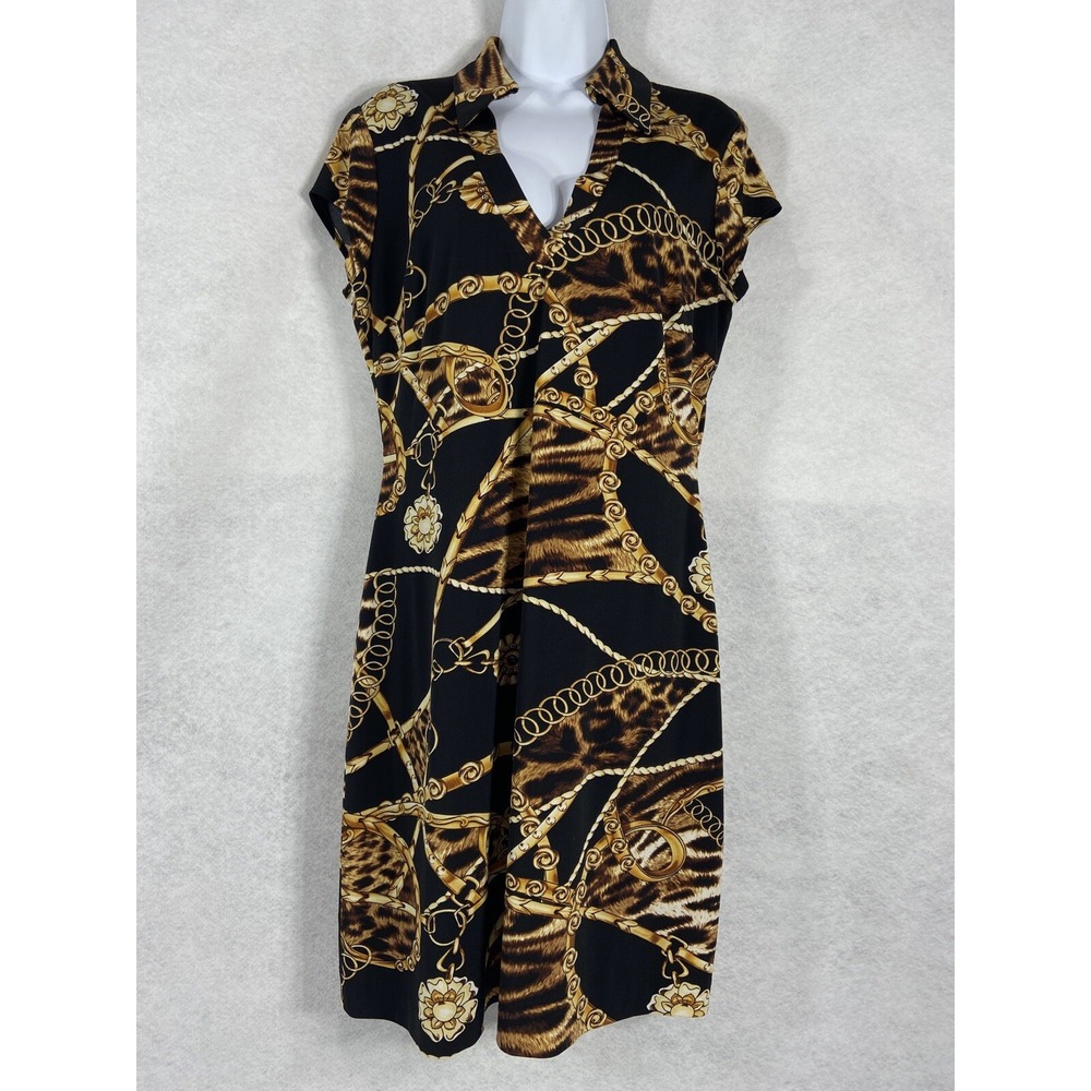 Vintage Cache Dress Womens Large Black Brown Sheath V-Neck Chain Print